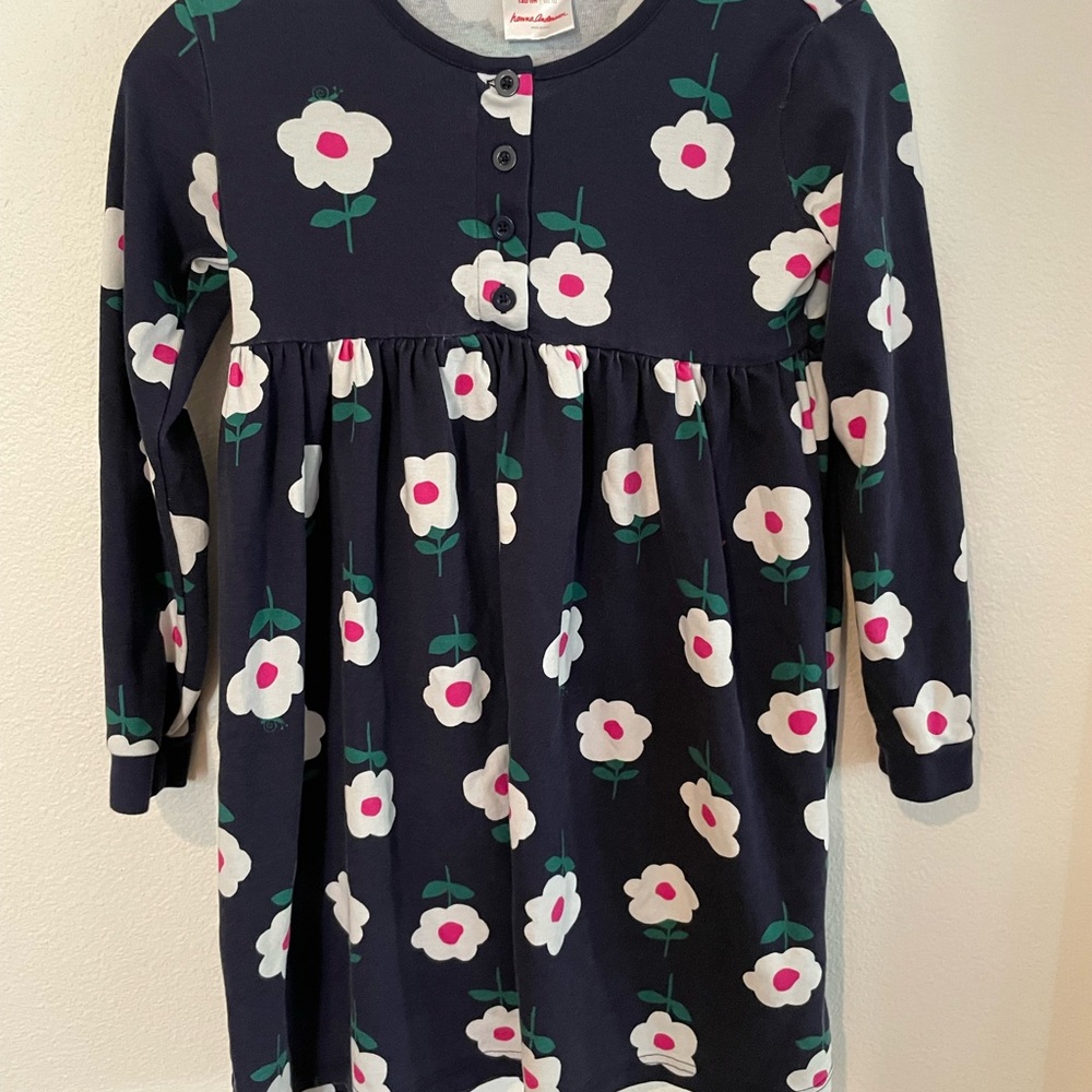 Hanna Andersson long sleeve button up skater dress, navy with flowers sz 10